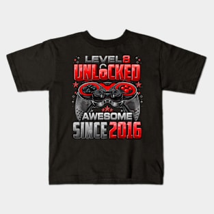 Level 8 Unlocked Awesome Since 2016 8Th Birthday Kids Gaming Kids T-Shirt